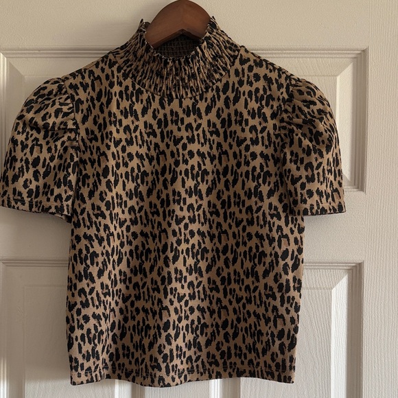 Zara Tops - Zara Leopard Smocked Mock Neck Puff Sleeve Top - Tan & Black